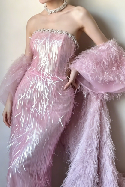 Sleek Strapless Pink Prom Dress Beaded Mermaid Evening Dress GG6463