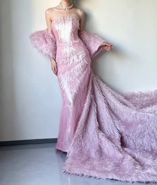 Sleek Strapless Pink Prom Dress Beaded Mermaid Evening Dress GG6463