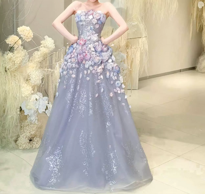 Dreamy Strapless Purple Prom Dress Appliques Sequins A-Line Evening Dress GG6465