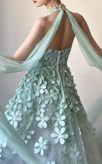 Elegant Halter Neck Sequins Green Prom Dress Appliques Tulle A-Line Evening Dress GG6466