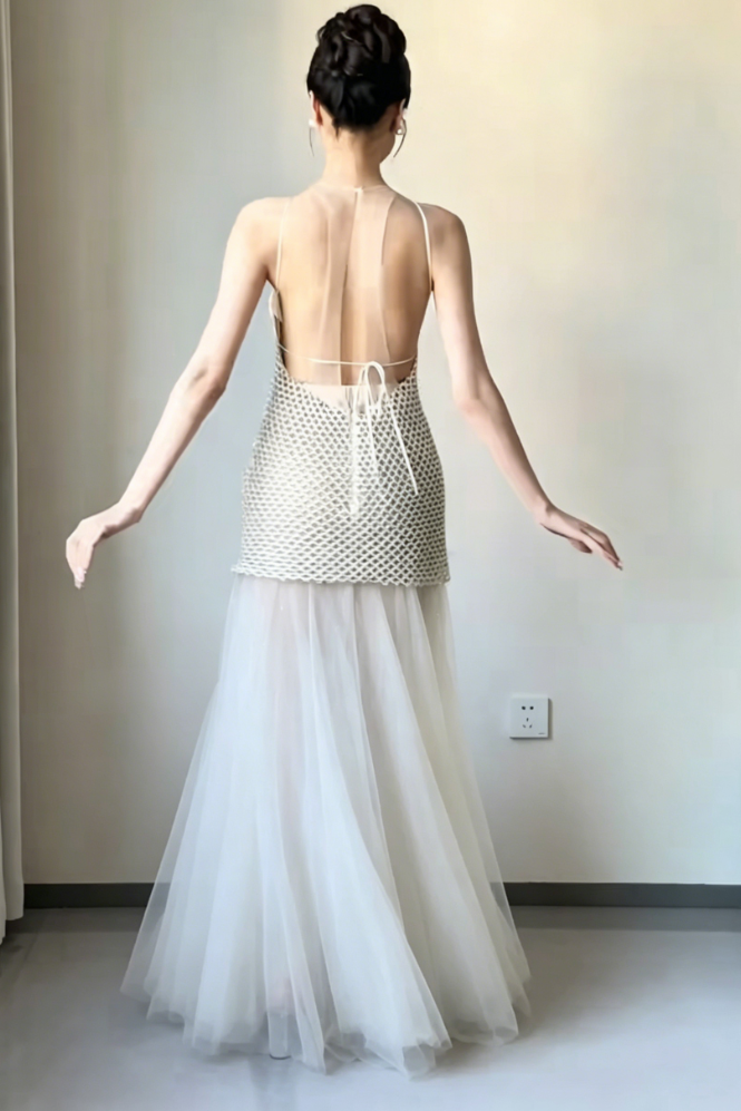 Glam Halter Neck Ivory Prom Dress Beads Tulle A-Line Evening Dress GG6468