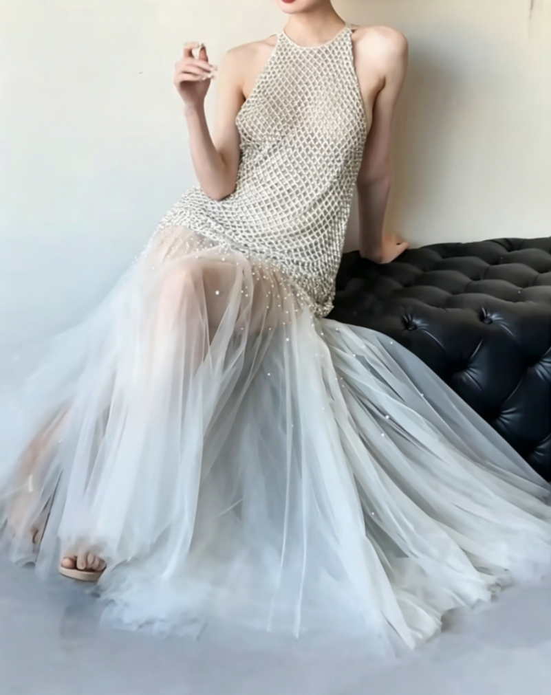 Glam Halter Neck Ivory Prom Dress Beads Tulle A-Line Evening Dress GG6468