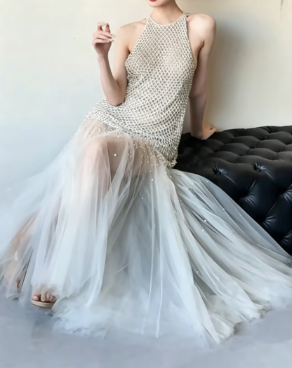 Glam Halter Neck Ivory Prom Dress Beads Tulle A-Line Evening Dress GG6468