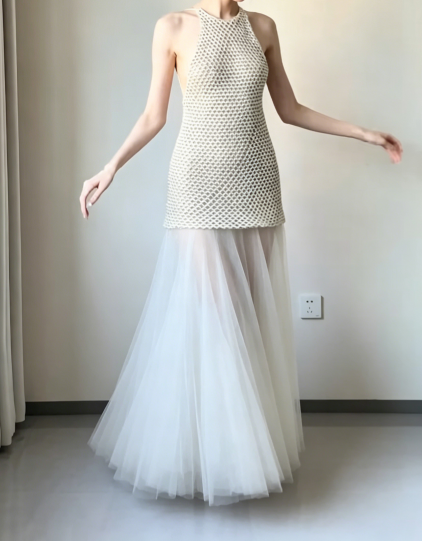 Glam Halter Neck Ivory Prom Dress Beads Tulle A-Line Evening Dress GG6468