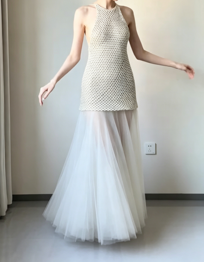 Glam Halter Neck Ivory Prom Dress Beads Tulle A-Line Evening Dress GG6468