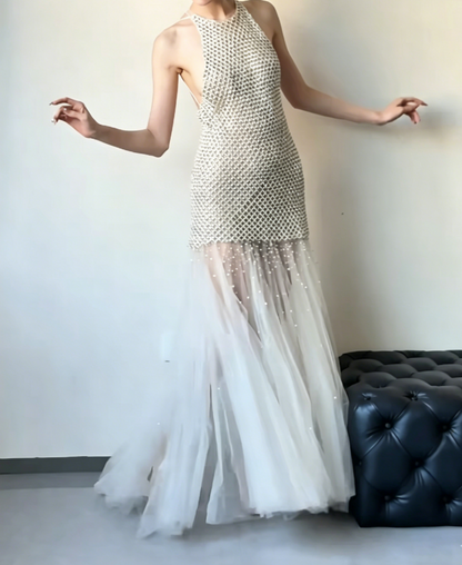 Glam Halter Neck Ivory Prom Dress Beads Tulle A-Line Evening Dress GG6468