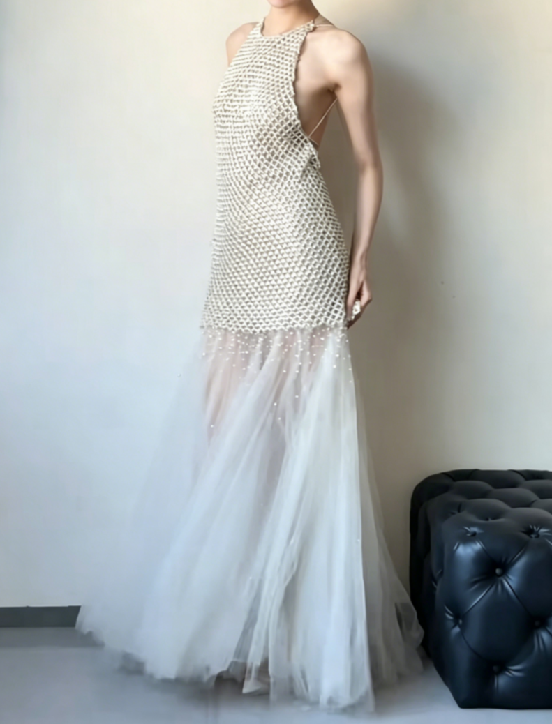 Glam Halter Neck Ivory Prom Dress Beads Tulle A-Line Evening Dress GG6468