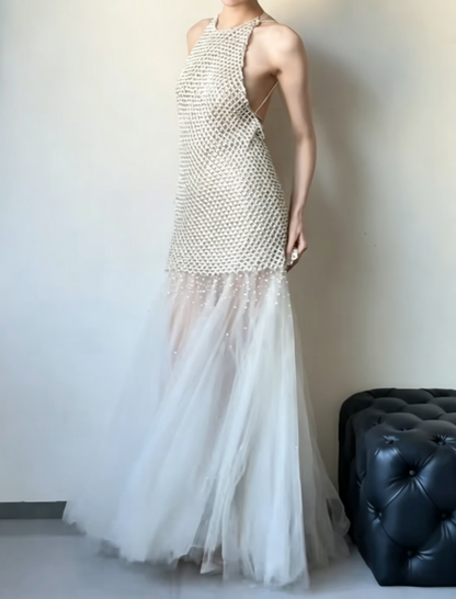 Glam Halter Neck Ivory Prom Dress Beads Tulle A-Line Evening Dress GG6468