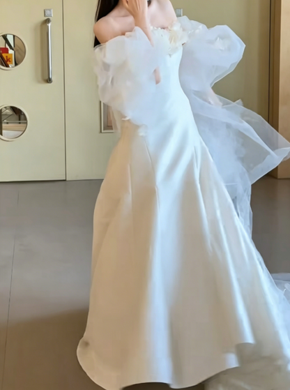 Romantic Strapless Satin Wedding Dress Appliques Mermaid Bridal Dress GG6469