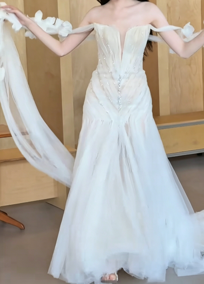 Dreamy Off-Shoulder Ivory Wedding Dress Beaded Applique Mermaid Bridal Dress GG6470