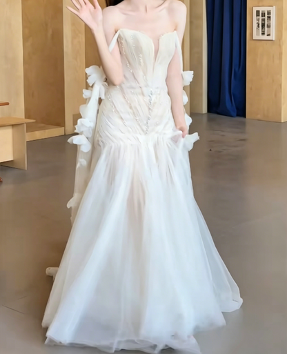 Dreamy Off-Shoulder Ivory Wedding Dress Beaded Applique Mermaid Bridal Dress GG6470