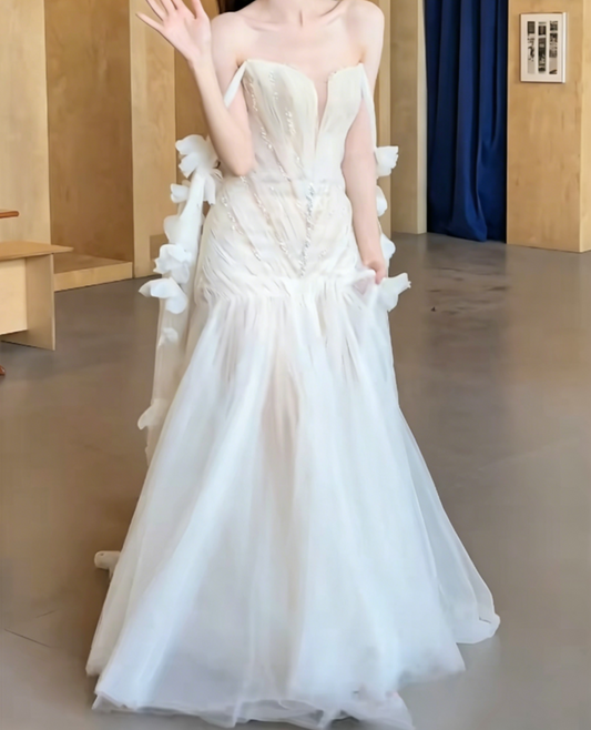 Dreamy Off-Shoulder Ivory Wedding Dress Beaded Applique Mermaid Bridal Dress GG6470