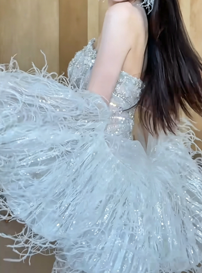 Luxury Strapless Beaded Wedding Dress With Shawl Feather Mermaid Bridal Dress GG6471
