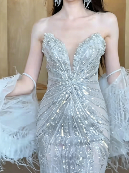 Luxury Strapless Beaded Wedding Dress With Shawl Feather Mermaid Bridal Dress GG6471