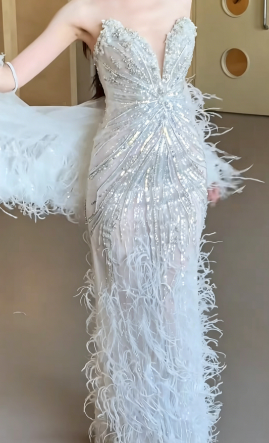 Luxury Strapless Beaded Wedding Dress With Shawl Feather Mermaid Bridal Dress GG6471