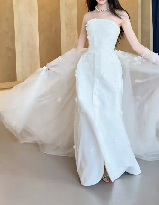 Charming Strapless Wedding Dress Appliques High Slit A-Line Bridal Dress GG6472