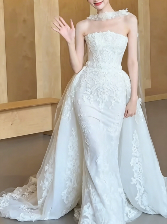 Classical Strapless Lace Wedding Dress With Scarf Sequins Mermiad Bridal Dress GG6473