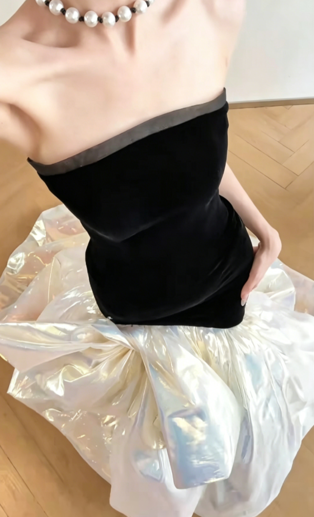 Ornate Black Strapless Prom Dress Long Bow Mermaid Evening Dress GG6474
