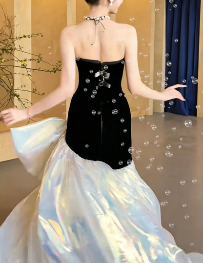 Ornate Black Strapless Prom Dress Long Bow Mermaid Evening Dress GG6474