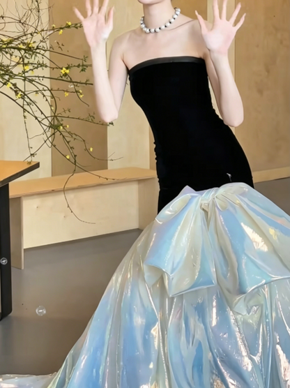Ornate Black Strapless Prom Dress Long Bow Mermaid Evening Dress GG6474