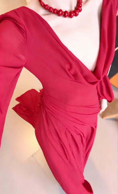Trendy Ruched Red Prom Dress Long Sleeve A-Line Evening Dress GG6478