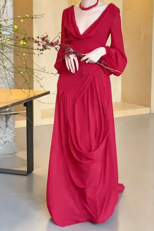 Trendy Ruched Red Prom Dress Long Sleeve A-Line Evening Dress GG6478