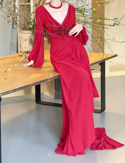 Trendy Ruched Red Prom Dress Long Sleeve A-Line Evening Dress GG6478