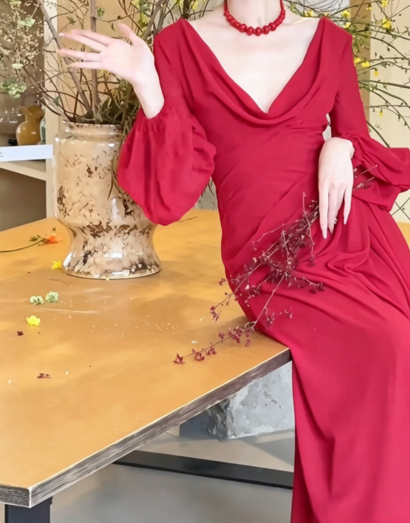 Trendy Ruched Red Prom Dress Long Sleeve A-Line Evening Dress GG6478