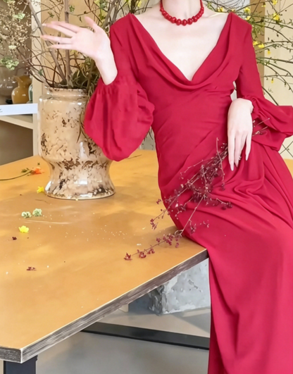 Trendy Ruched Red Prom Dress Long Sleeve A-Line Evening Dress GG6478