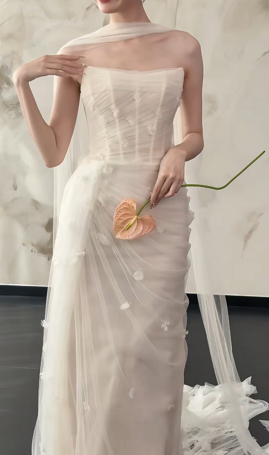 Glam Strapless Tulle Wedding Dress With Tulle Appliques Mermiad Bridal Dress GG6481
