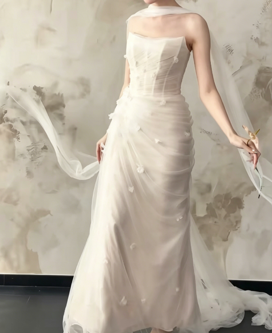 Glam Strapless Tulle Wedding Dress With Tulle Appliques Mermiad Bridal Dress GG6481