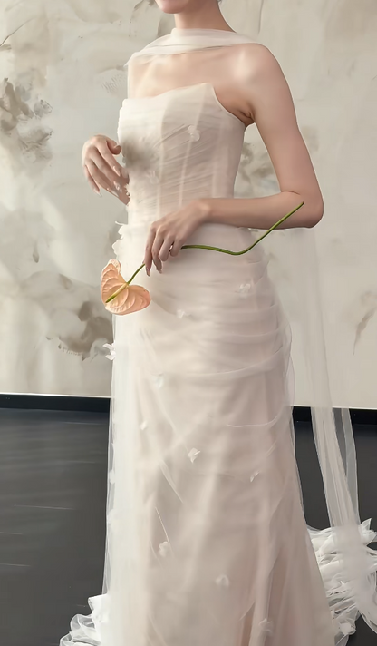 Glam Strapless Tulle Wedding Dress With Tulle Appliques Mermiad Bridal Dress GG6481