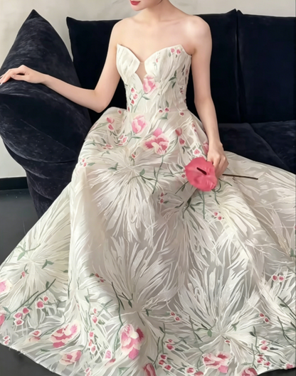 Classical Strapless White Prom Dress Floral A-Line Evening Dress GG6483