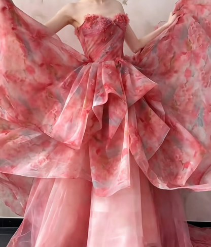 Gorgeous Strapless Pink Prom Dress Appliques Ruffled A-Line Evening Dress GG6484