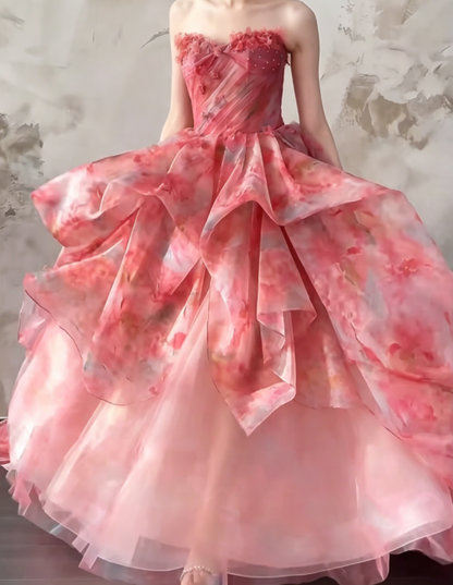Gorgeous Strapless Pink Prom Dress Appliques Ruffled A-Line Evening Dress GG6484
