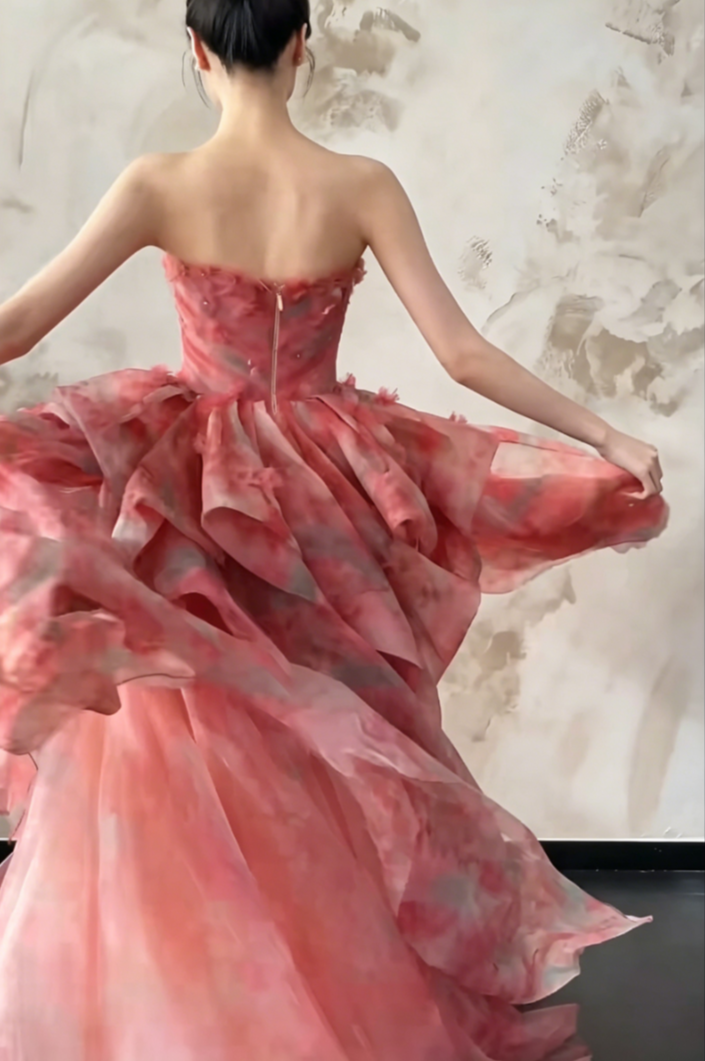 Gorgeous Strapless Pink Prom Dress Appliques Ruffled A-Line Evening Dress GG6484