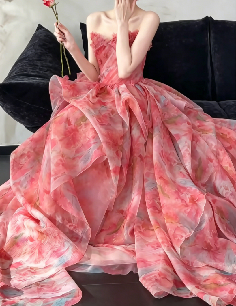 Gorgeous Strapless Pink Prom Dress Appliques Ruffled A-Line Evening Dress GG6484