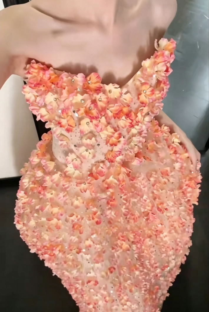 Dreamy Strapless Orange Prom Dress Appliques Beads A-Line Evening Dress GG6485