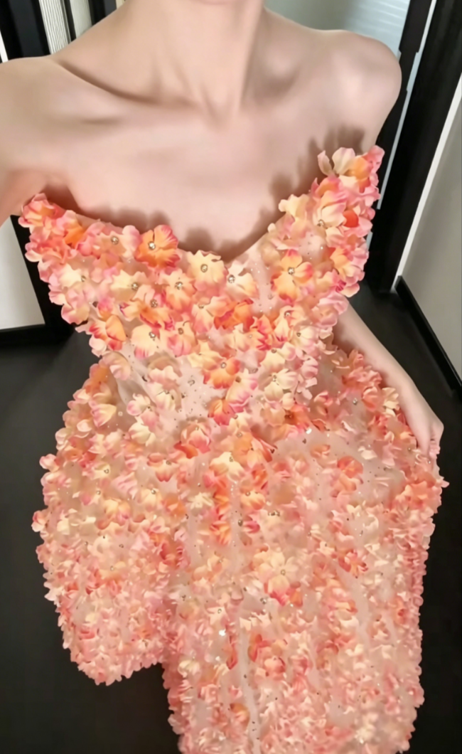 Dreamy Strapless Orange Prom Dress Appliques Beads A-Line Evening Dress GG6485