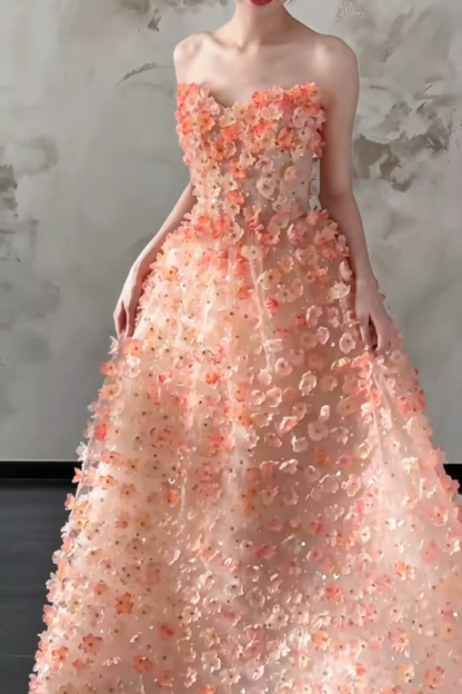 Dreamy Strapless Orange Prom Dress Appliques Beads A-Line Evening Dress GG6485