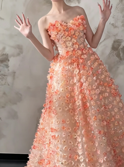 Dreamy Strapless Orange Prom Dress Appliques Beads A-Line Evening Dress GG6485
