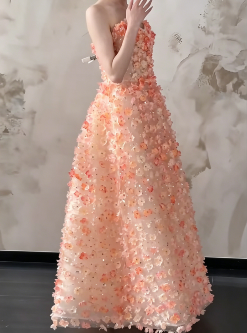 Dreamy Strapless Orange Prom Dress Appliques Beads A-Line Evening Dress GG6485