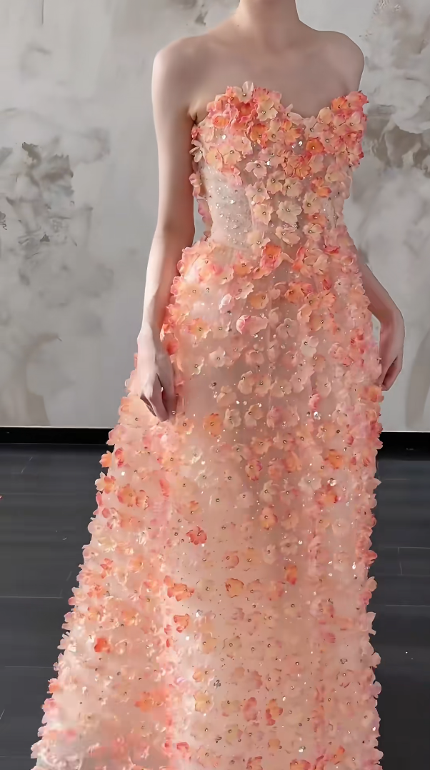 Dreamy Strapless Orange Prom Dress Appliques Beads A-Line Evening Dress GG6485