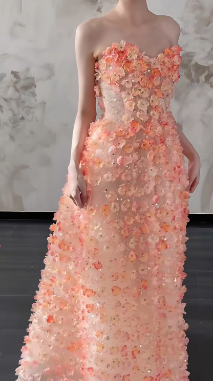 Dreamy Strapless Orange Prom Dress Appliques Beads A-Line Evening Dress GG6485