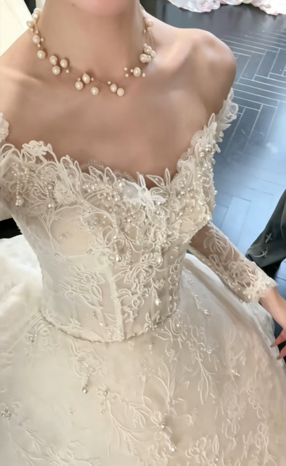 Romantic Off-Shoulder Lace Wedding Dress Long Sleeve Beaded A-Line Bridal Dress GG6486