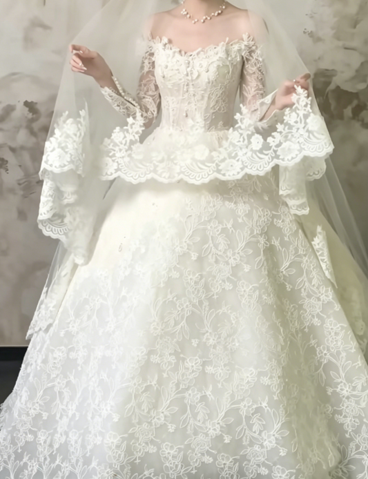 Romantic Off-Shoulder Lace Wedding Dress Long Sleeve Beaded A-Line Bridal Dress GG6486