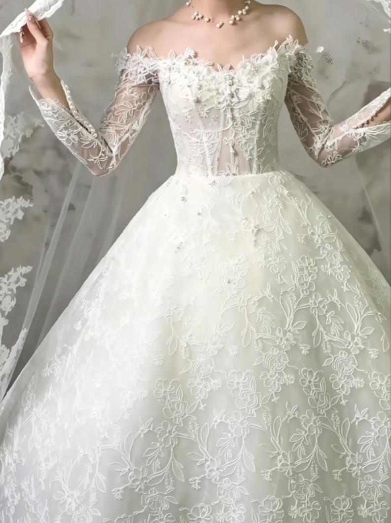 Romantic Off-Shoulder Lace Wedding Dress Long Sleeve Beaded A-Line Bridal Dress GG6486