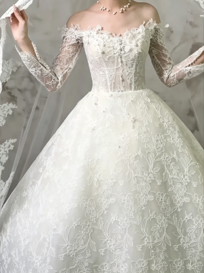 Romantic Off-Shoulder Lace Wedding Dress Long Sleeve Beaded A-Line Bridal Dress GG6486