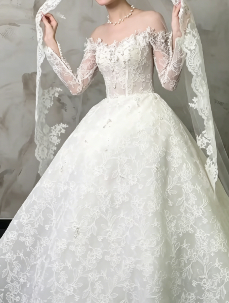 Romantic Off-Shoulder Lace Wedding Dress Long Sleeve Beaded A-Line Bridal Dress GG6486