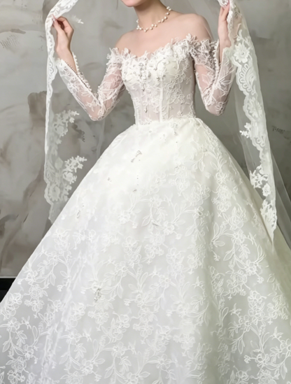 Romantic Off-Shoulder Lace Wedding Dress Long Sleeve Beaded A-Line Bridal Dress GG6486